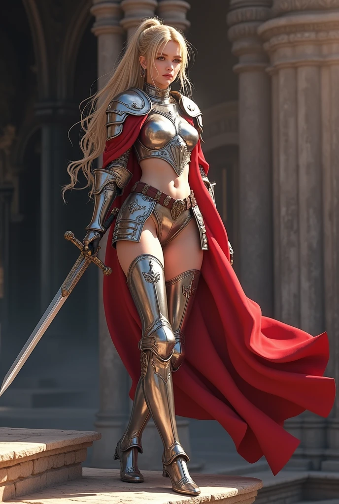 ((masterpiece, Highest quality, High resolution, 8K wallpaper incorporating highly detailed CG)), (Huge and stunning goddess shot, Very hot and sexy, Great beauty, Perfect Proportions, Beautiful body, Slim body beauty:1.3), (A medieval Female Knight in luminous armor:1.5), (Her long blonde hair is tied back., Wearing armor on bare skin, Red cape on the back, Exquisitely crafted, Armor with great attention to detail, With a sword hanging from a wide belt:1.5), (I will add text, Camel Toe:1.5), I can see your thighs, View from above, Female Knight, 「Unlimited」((("Please put your hands up and kneel down".,)))