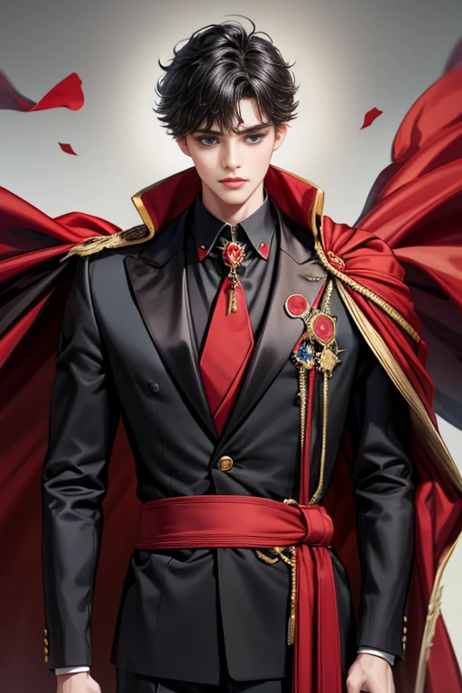 masterpiece, 最high quality, high quality, 1 boy, alone, Male focus, Upper Body,Watching the audience, Messy black hair, Adorable big blue eyes, White, Noble, Noble,A black and red cape that is bursting with sexy volume、Tuxedo、A very voluminous, large, very large, very large, long, long red and black cape with a high stand-up collar, made of a lot of fabric that reaches down to the floor., ,cute beautiful,Cute, cute, kind, handsome guy