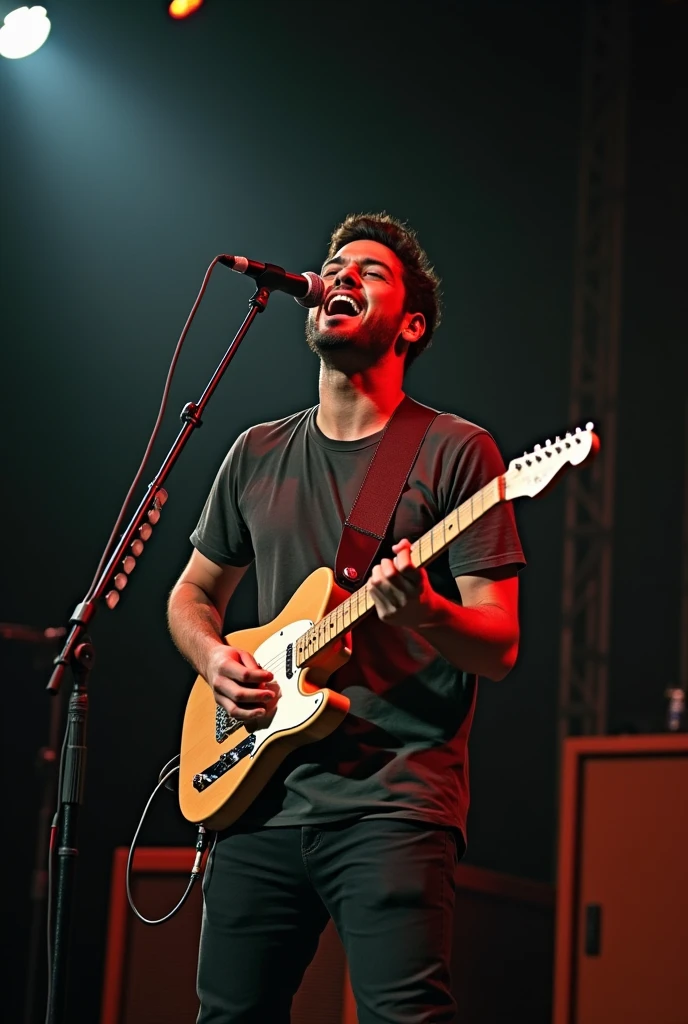 Make an image of the Brazilian singer Lucas Silveira, lead singer of the band Fresno, jacking off