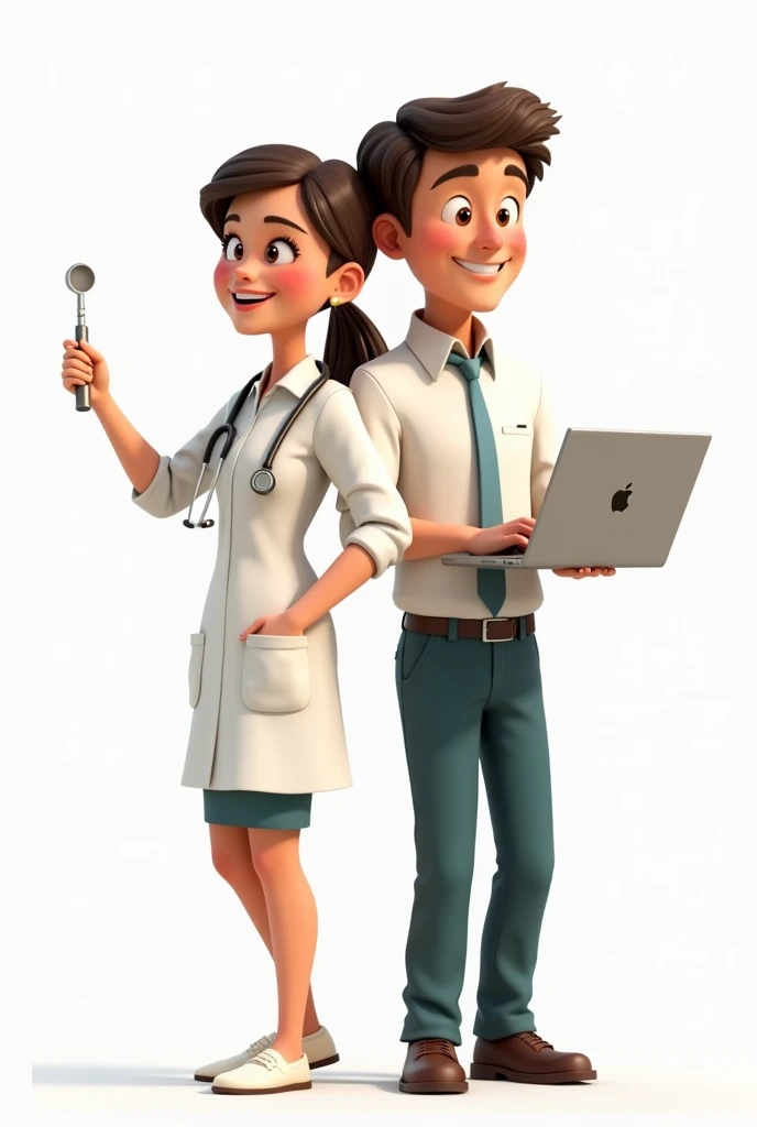 Woman in doctors apron holding a mouth mirror with man in formals without apron without mouth mirror using a laptop leaning back on each other in white background animated