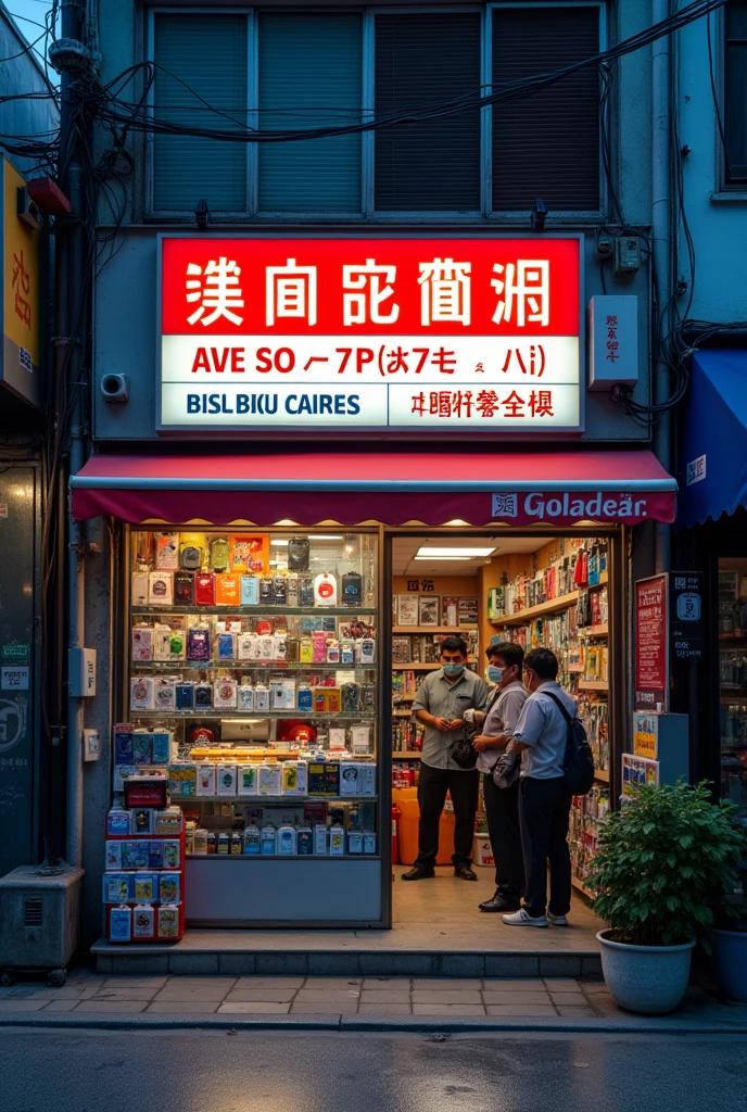 A mobile recharge and accessories shop has mobile repair people and the name of the ITEM SHOP is written on its board in white and red colour.
