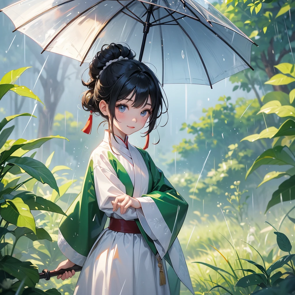 A chibi child girl had a small face and Wearing white little Taoist priest's outfit. A pair of big round eyes shone with curiosity about him. This child was so cute,her hair is black with two buns on her hair.small chibi, chibi baby, smiling ,Chibi.
Stand holding an umbrella to protect from the rain. Rain fell and splashed around. There are water droplets falling on the leaves in the surrounding area, green and moist, the atmosphere after rain.