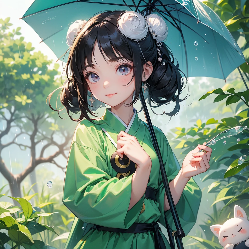 A chibi girl had a small face and Wearing white little Taoist priest's outfit. A pair of big round eyes shone with curiosity about him. This childso cute,her hair is black with two buns on her hair.small chibi, chibi baby, smil,Chibi.
Stand holding an umbrella to protect from the rain. Rain fell and splashed around. There are water droplets falling on the leaves in the surrounding area, green and moist, the atmosphere after rain.