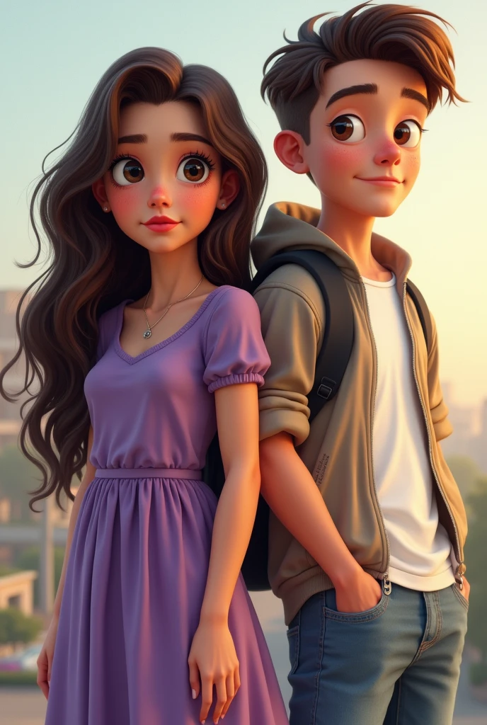 A brunette teenage girl with long wavy hair half length with black eyes latin features wearing modern casual purple dress above knee and a white teenage boy with brown eyes brown hair 