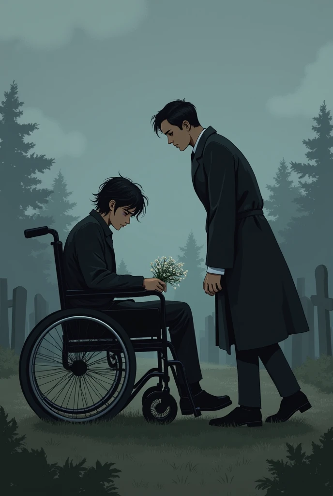 Julian Lexloy, sitting in his wheelchair, stands alone in front of Ruby's coffin in a cemetery under a gray sky. Her black hair is messy, and her blue eyes are red with tears. He wears a sombre costume, et son pied, still bandaged, repose sur le repose-pied du fauteuil. His face is marked by deep pain and intense sadness.. In tears, he places a bouquet of white flowers on the coffin, the attached note saying "To the girl I love". Ses mains tremblent et ses épaules sont affaissées sous le poids de la peine. A cemetery manager, vêtu d’un costume sombre, approche discrètement et pousse doucement Julian pour l’encourager à quitter les lieux, while Julian, still in tears, lets himself be slowly guided off stage.