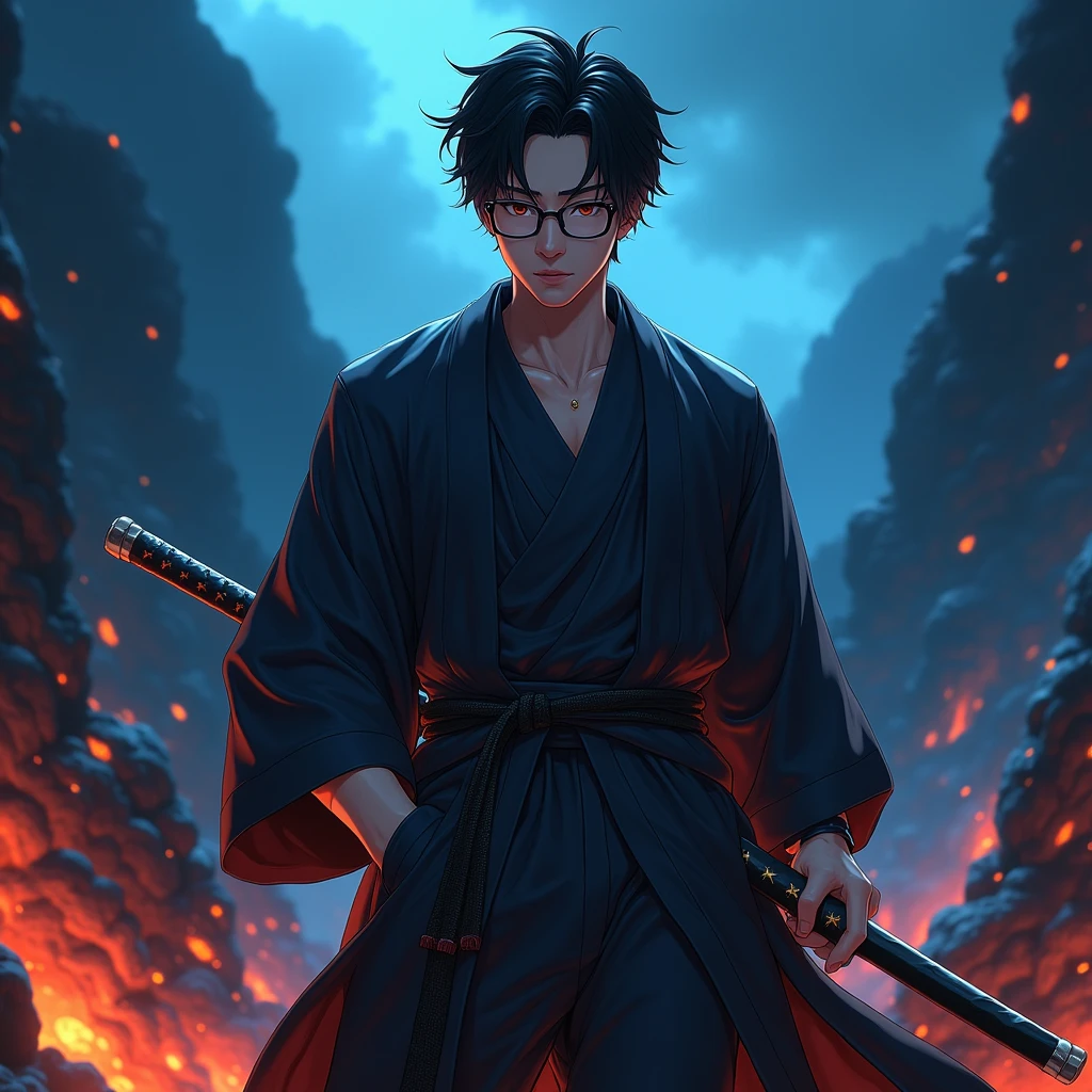 Create a character anime, {{background: text: “GLBK”, darkness blue vulcano}},
realistic, HDR, use glasses, handsome, korean style, full body, use katana, age 20, outfit text HD: “PRAS”, male