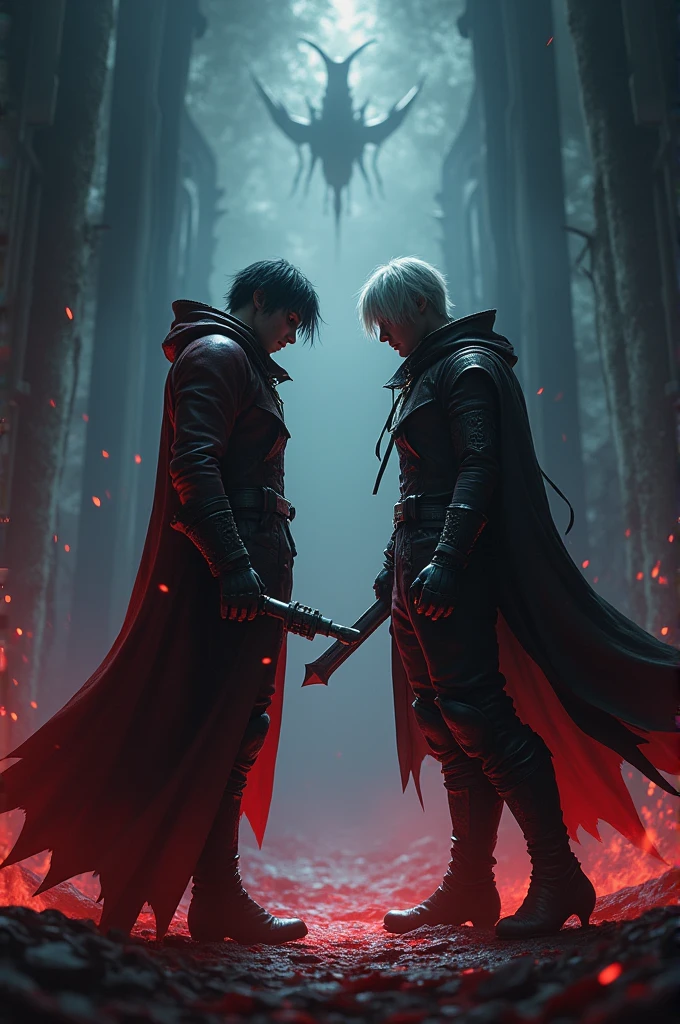 Create a thumbnail featuring a face-off between a powerful character vs a powerful character from a game with a similar style to Devil May Cry. One character should have their back partially turned to the viewer, holding a weapon or item that hints at their power, while the opposing character faces them head-on in a menacing, ready-to-strike pose. Use a dark, otherworldly environment with glowing, contrasting colors to enhance the tension. Mostly the word 'Devil May Cry' and 'Chapter V'will be written in thumbnail .