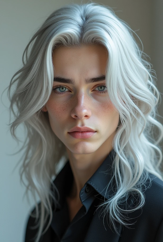 A ager with long white-gray hair. His face and eyes are very handsome.