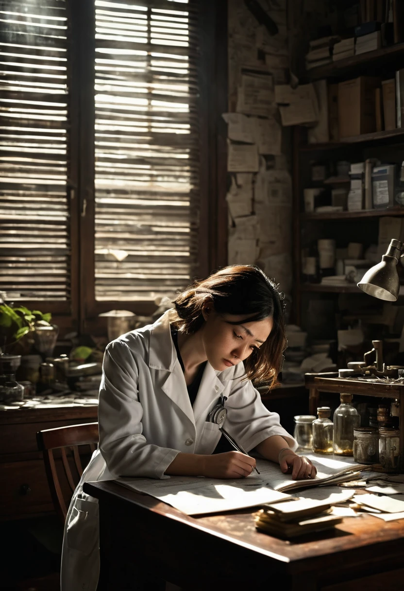 In a dimly lit laboratory, the early morning sun shines through Venetian blinds, creating stark shadows; papers and broken glass litter the floor; an empty clematis specimen case stands out on the center table; a drawer is pulled out, a computer with a broken screen; Misaki, a beautiful botanical genius, distraught in front of her, a hand over her mouth, her eyes wide in shock, wearing the previous day's wrinkled lab coat; a detective taking notes in the background; a forensic team taking fingerprints; the clock on the wall is 7 a.m. Clock showing 7:15 AM, ultra realistic, dramatic lighting, intricate detail, faded, highly detailed eyes, 16K resolution, RAW, Nikon Z9, creative, masterpiece, fantasy, super detailed, high res, RAW, Nikon Z9, creative, masterpiece, fantasy, super detailed, high res, high res, RAW, Nikon Z9 Realistic, Ultra-Detailed, High Definition, High Quality, 8k, Realistic, Ultra-Detailed Dramatic Lighting, Soft Focus, Digital Illustration, Complex Mechanics, Advanced Techniques, Dark Background, Cinematic, High Contrast, Atmosphere, (Best Quality, 4k, 8k, High Definition, Masterpiece: 1. 2), Ultra-Detailed, (Realistic, Graphic, Photorealistic: 1. 4) -- No glass --AR 16:9 --Stylized 1000