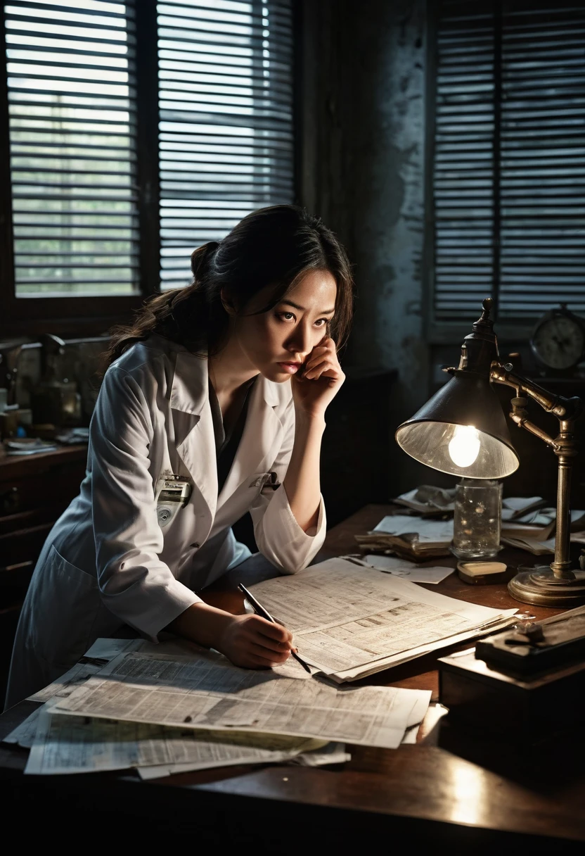 In a dimly lit laboratory, the early morning sun shines through Venetian blinds, creating stark shadows; papers and broken glass litter the floor; an empty clematis specimen case stands out on the center table; a drawer is pulled out, a computer with a broken screen; Misaki, a beautiful botanical genius, distraught in front of her, a hand over her mouth, her eyes wide in shock, wearing the previous day's wrinkled lab coat; a detective taking notes in the background; a forensic team taking fingerprints; the clock on the wall is 7 a.m. Clock showing 7:15 AM, ultra realistic, dramatic lighting, intricate detail, faded, highly detailed eyes, 16K resolution, RAW, Nikon Z9, creative, masterpiece, fantasy, super detailed, high res, RAW, Nikon Z9, creative, masterpiece, fantasy, super detailed, high res, high res, RAW, Nikon Z9 Realistic, Ultra-Detailed, High Definition, High Quality, 8k, Realistic, Ultra-Detailed Dramatic Lighting, Soft Focus, Digital Illustration, Complex Mechanics, Advanced Techniques, Dark Background, Cinematic, High Contrast, Atmosphere, (Best Quality, 4k, 8k, High Definition, Masterpiece: 1. 2), Ultra-Detailed, (Realistic, Graphic, Photorealistic: 1. 4) -- No glass --AR 16:9 --Stylized 1000