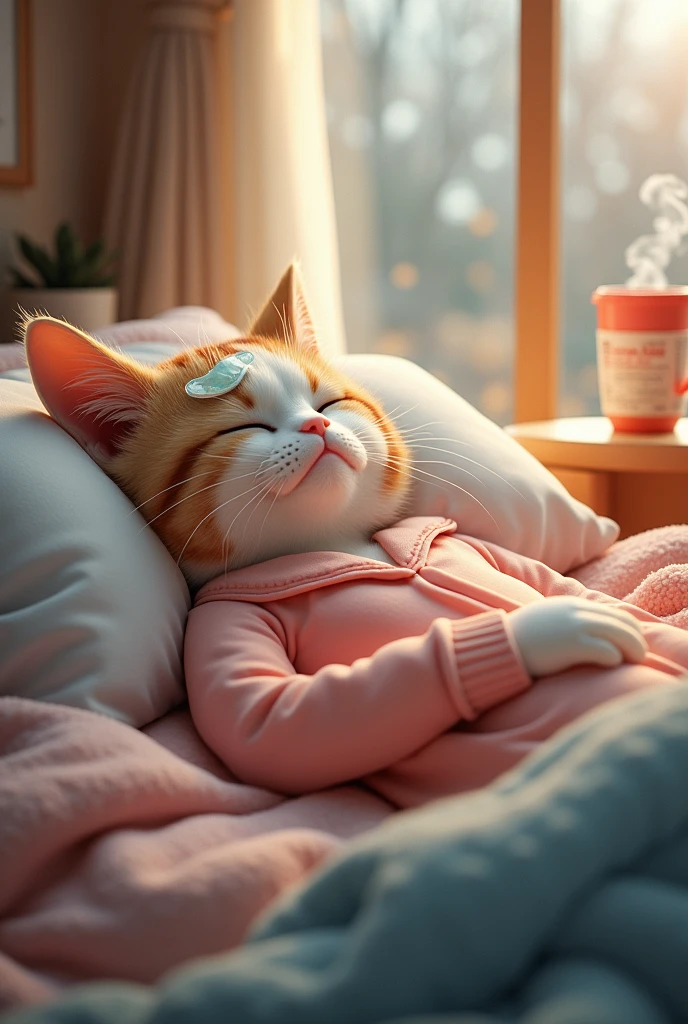 "AI cat gets sick with the change of seasons、Lying in bed。Put a cooling patch on your forehead、He has a pained expression on his face。Soft-looking loungewear(pajamas)Wearing。The view outside from the window、Feel the change of seasons。There are hot drinks and medicines at the bedside.。"
