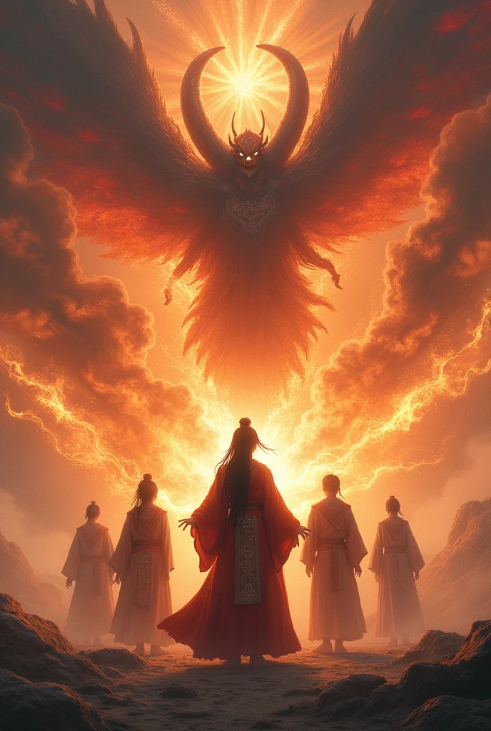 A Korean female shaman with mystical powers and her 3 students having an epic battle against a demon with fire powers