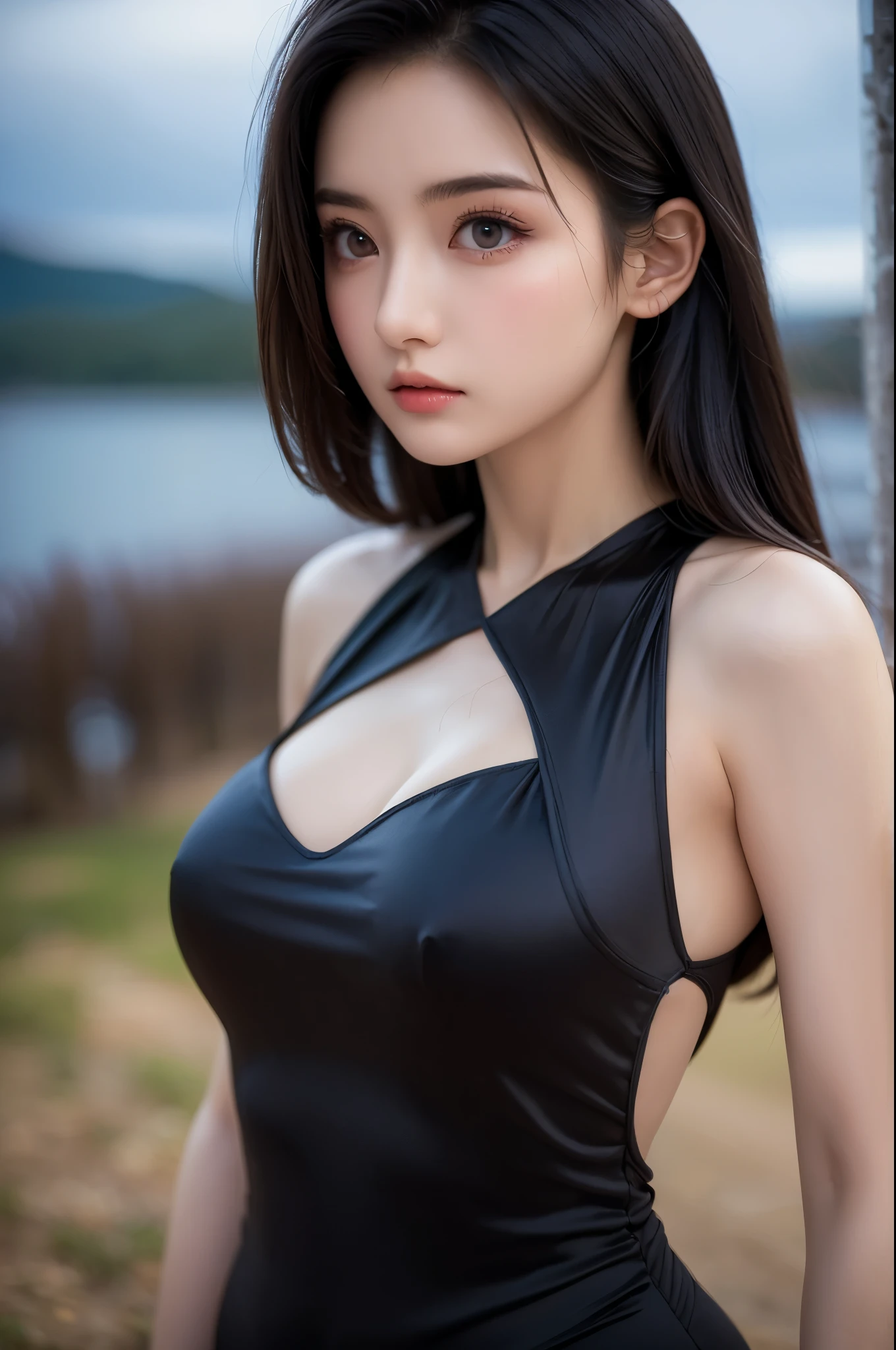 A 16k masterpiece, highest resolution, every detail, meticulousness, depth of field, bright colors, beautiful composition: a age girl with black hair and innocent eyes is so beautiful detailed, standing against a dark and ominous landscape. sexy silk dress outfit.