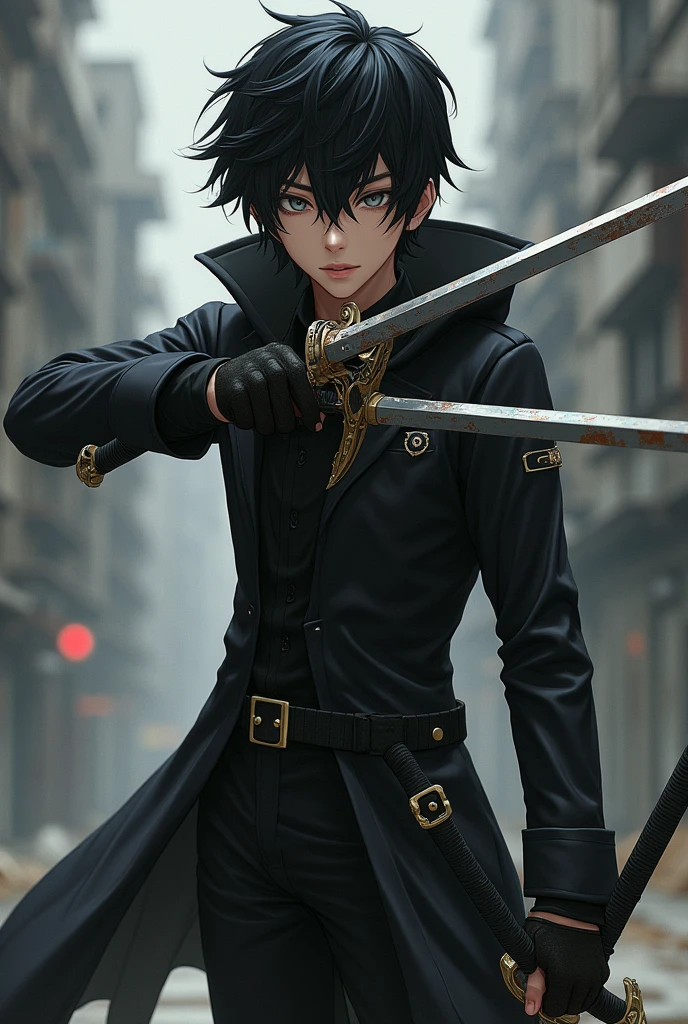Chico, adolescent, アニメ,black hairr,grey eyes,clothes black,swords, handgun 