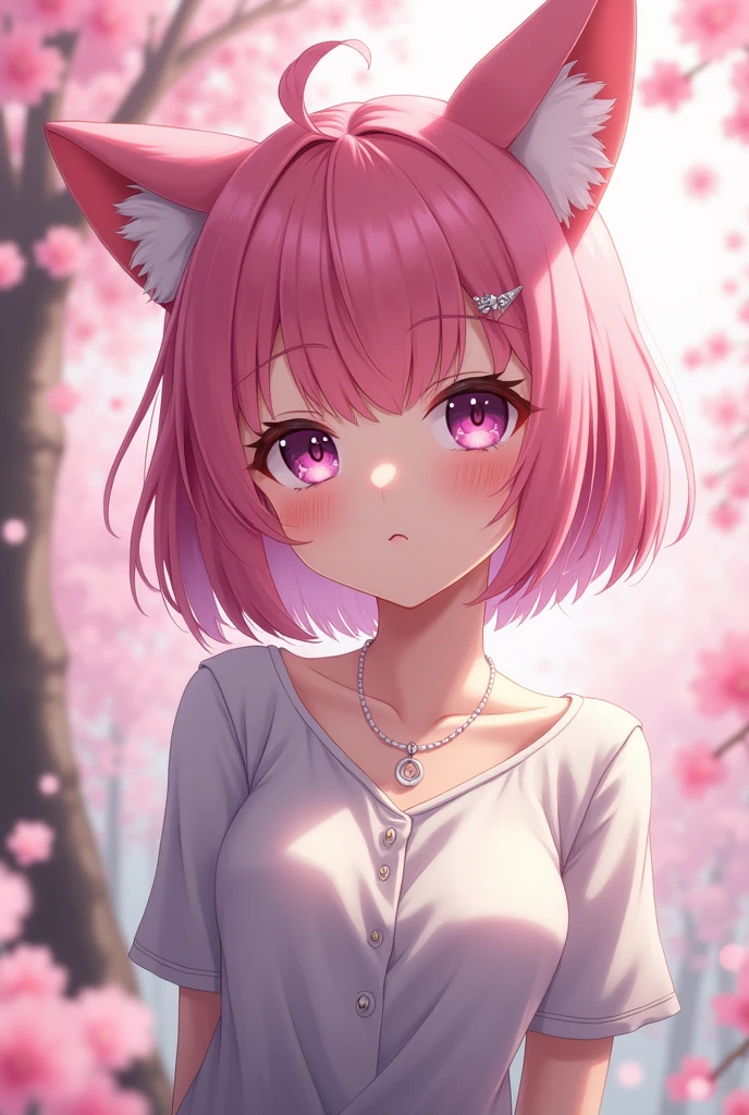 1 Girl, Practical, (Looking at the audience:1), (ulzzang-6500:0.66), thigh, only legs, Dappled sunlight, best quality, Ultra-high resolution, (photoPractical:1.4), Yae Yoshiko, Fox ears, short hair, pink hair,  Yes_Cherry blossoms, Jewelry, Cherry blossoms, (Smile:1), only_Shoulder, hair_Decorations, purple_Eye,  , Detached_sleeve, , detailed Eye,, (light Smile:1), , (Small Breasts:1.4), , (only upper body:1.4), , (Swollen nipples:1),, Put your hands behind your back,