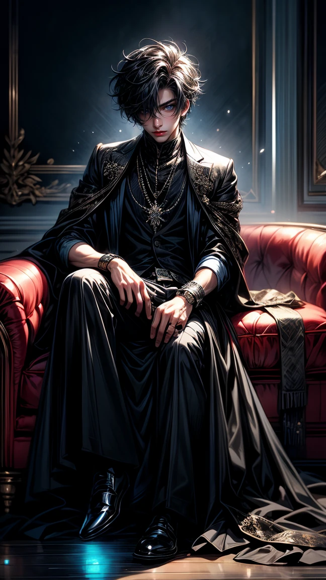 Masterpiece, best quality, high resolution, highly detailed, 1boy, good looking face , with sapphire blue eyes( glowing eyes ), Black hair, silver watch, light skinned, wearing full black clothes, staying on a couch elegantly, holding a very expressive phone in hand, pay attention to stunning details, and achieve a resolution of 64k, pay attention to every little detail, high quality, with a majestic aura of authority, cold expression ( blank look), bored expression, full body