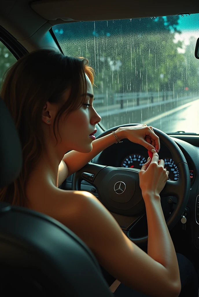 Sexy girls while holding cock driving car rain falls on road