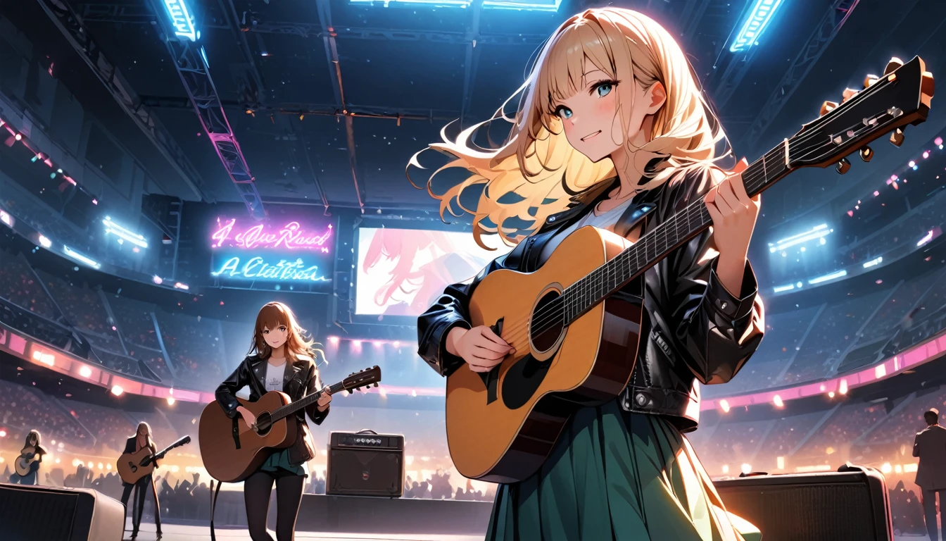 (Highest quality:1.2, Very detailed, up to date, Vibrant, Ultra-high resolution, High Contrast, masterpiece:1.2, Highest quality, Best aesthetics), Portraiture、girl、singer、stage、performance、Rock Music、Bright colors、Beautiful attention to detail、Beautiful lip detail、Long Hair、Mike stand、Music band、Cheerful pose、Concert Light、Smoke effect、 Edgy Style、leather jacket、Dynamic Movement、hypnotic sounds、Stadium、amplifier、noise々new crowd、Loud music、(((Acoustic guitar、A quiet room、night、Neon Light)))
