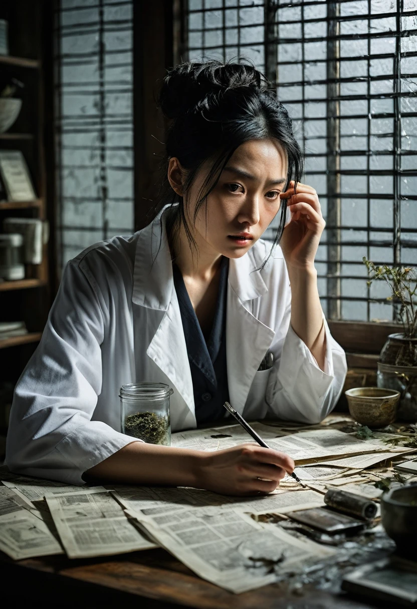 Beautiful botanical genius, Misaki Sato, 28, Japanese, long black hair in a messy bun, concentrated expression, in a dimly lit laboratory, early morning sunlight streaming through venetian blinds, creating stark shadows, papers and broken glass strewn across floor, empty clematis specimen case prominent on central table, drawers pulled out, computer with cracked screen, distraught genius Beautiful botanical Misaki in foreground, hand over mouth, eyes wide with shock, wearing previous day's wrinkled lab coat, detective in background taking notes, forensic team dusting for fingerprints, police tape across doorway, clock on wall showing 7:15 AM, hyper-realistic, dramatic lighting, crime scene photography style, intricate detail, faded, highly detailed eye, 16k resolution, RAW, Nikon Z9, creative, masterpiece, fantasy, super detailed, high resolution, high quality, 8k, realistic, super detailed Dramatic Lighting, Soft Focus, Digital Illustration, Intricate Mechanics, Advanced Techniques, Dark Backgrounds, Cinematic, High Contrast, Moody, Atmospheric, (Top Quality, 4k, 8k, High Definition, Masterpiece: 1. 2), Ultra-Detailed, (Realistic, Graphic, Photorealistic: 1. 4) -- No glass --AR 16:9 --Stylize 1000