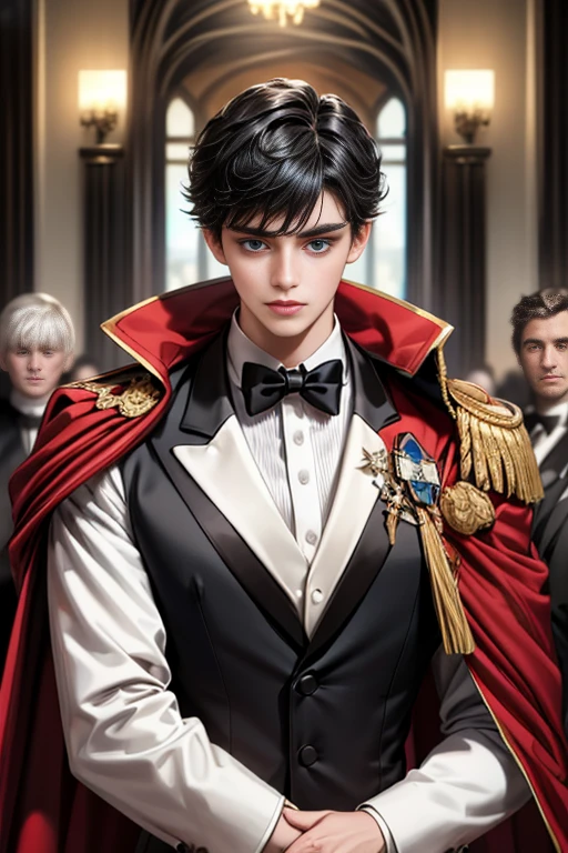 masterpiece, 最high quality, high quality, 1 boy, alone, Male focus, Upper Body,Watching the audience, Messy black hair, Adorable big blue eyes, White, Noble, Noble,A black and red cape that is bursting with sexy volume、Tuxedo、A very voluminous, large, very large, very large, long, long red and black cape with a high stand-up collar, made of a lot of fabric that reaches down to the floor., ,cute beautiful,Cute, cute, kind, handsome guy