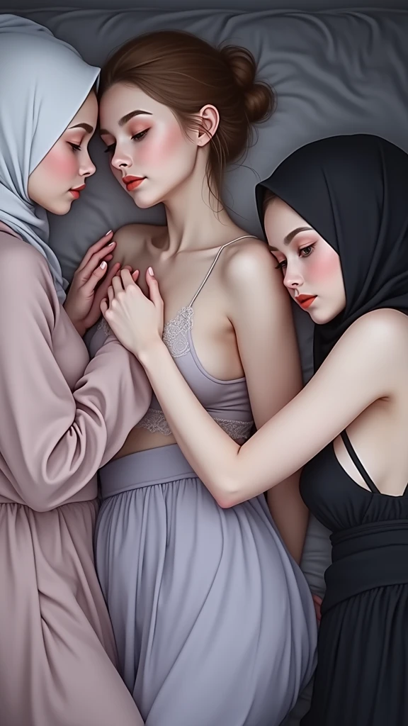 three hijab lesbian girl,lace bra,laying down on bed,sex,wet,lookin to camera.