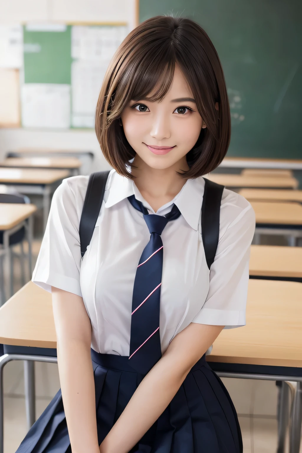 Highest quality, Soft Light, Ultra-high resolution, (Realistic:1.4), RAW Photos, Beautiful gradation, Ultra-high resolution, whole body, Knee Shot, Of Japanese, young woman, alone, cute, (pupil, Light in your eyes), Beautiful face in every detail, (Beautiful straight bob hair all the way to the ends:1.3), Natural skin texture, (Middle chest), indoor, Schoolgirl Uniform, White shirt, tie, Dark navy pleated skirt, Showing off your breasts, In a high school classroom, Looking at the audience, smile