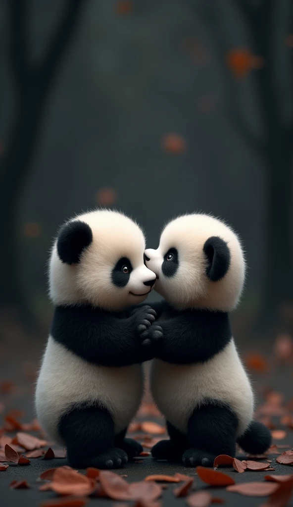 Generate a wallpaper that contains cute two baby pandas in love with dark background