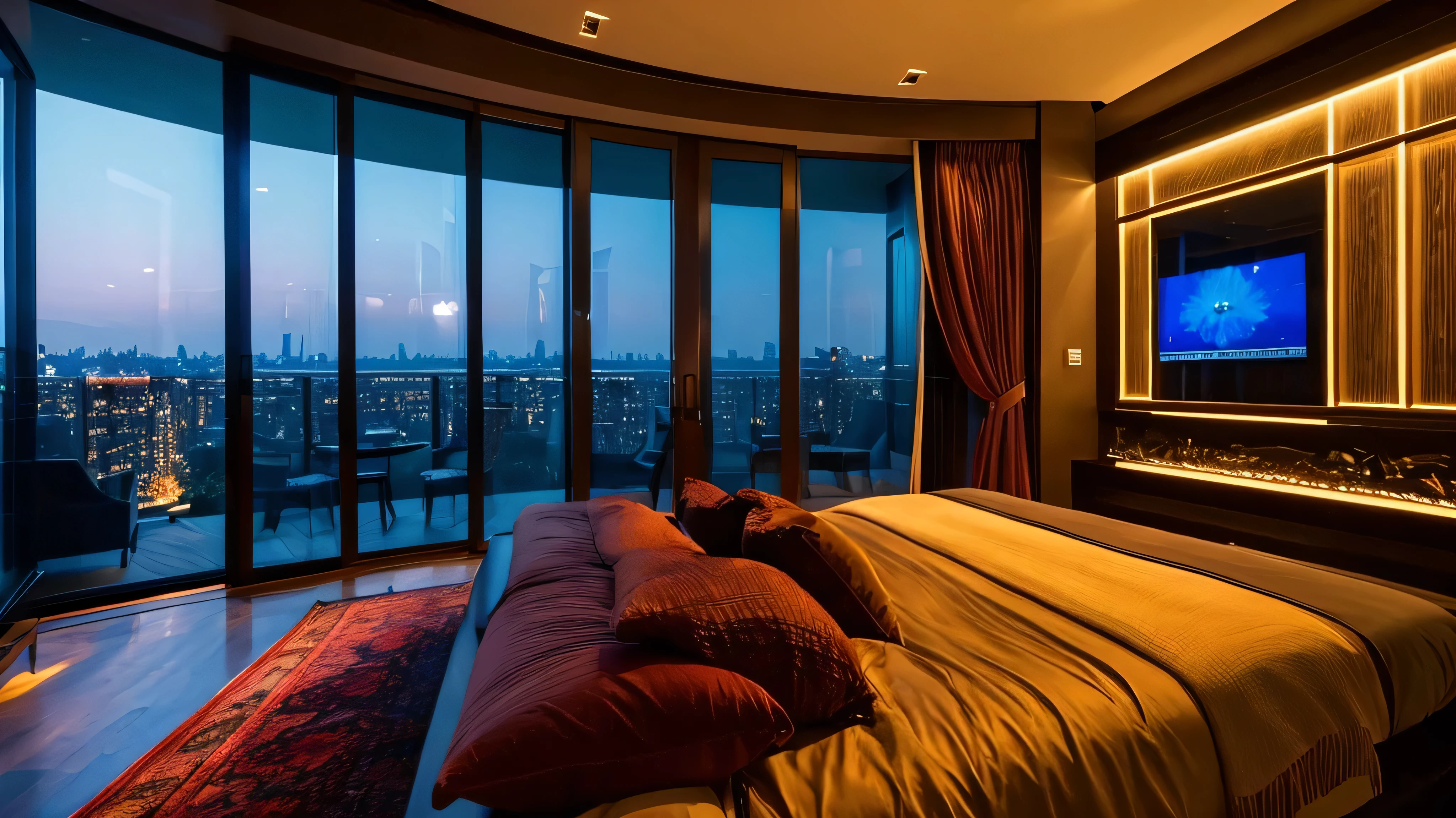 an night inside a big luxury home bedroom that with a very big wall glass windows, inside this luxury big bedroom there are all modern decoration, including big queen size bed, in front of the queen size bed there is a big LCD TV, high end audio system with speakers, chill atmosphere, warm atomsphere, relax night vibes, warm lighting and some candle light, outside is a big city night view
