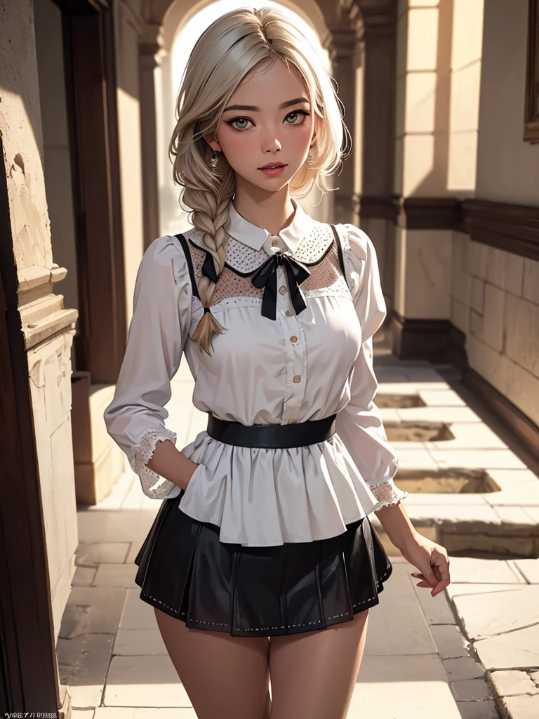 (ultra realistic,32K, masterpiece:1.2),(highly detailed skin:1.1),( high quality:1.1),
nsfw, exploration of ancient ruins, admiration for historical wonders,
1 girl, young, lanky, East Asian, steel grey eyes, flared ears, Crooked nose, pointed chin, straight forehead, oval face shape, symmetrical eyes, , excitation,, ash platinum blonde, braided into a milkmaid's braid, trust,,
wearing a polka dot frill blouse with peplum and three-quarter sleeves , leather micro mini skirt and quarter sock
(I look at the viewer, lying, Behind:1.1),
the corridor is cheerful and lively,
hyperrealism,
blurred desaturated background bokeh,
soothing tones,
muted colors,
high contrast,
Natural skin texture,
soft light,
spicy,
artistic photo shoot,
foggy morning with diffused light ,