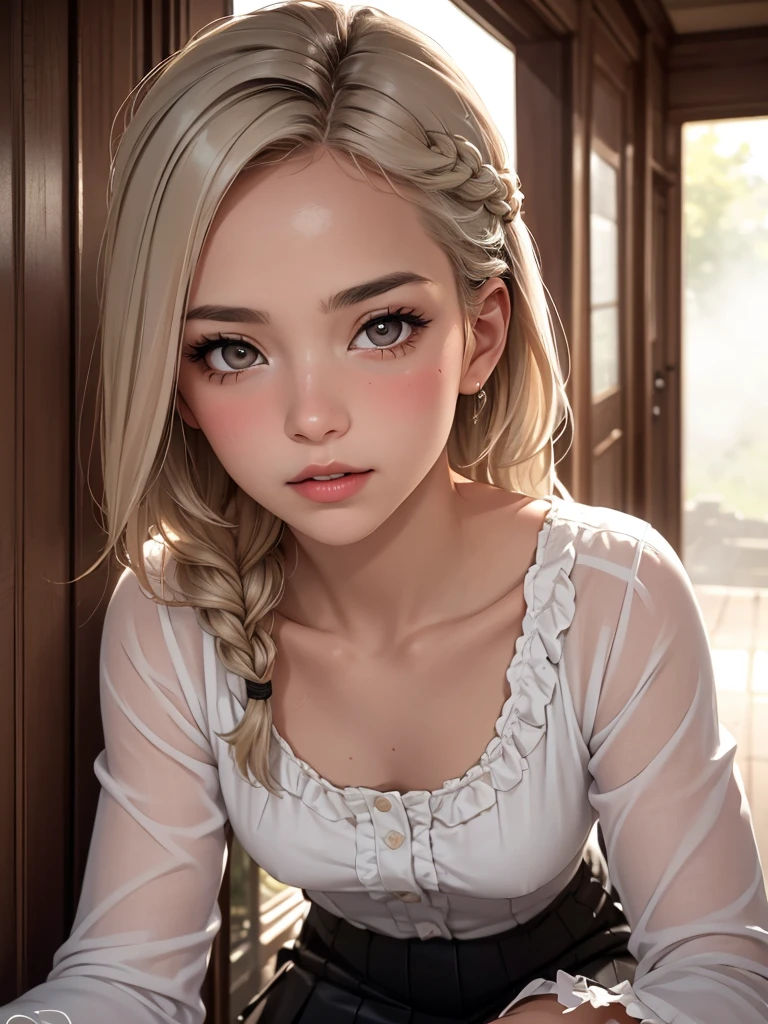 (ultra realistic,32K, masterpiece:1.2),(highly detailed skin:1.1),( high quality:1.1),
nsfw, exploration of ancient ruins, admiration for historical wonders,
1 girl, young, lanky, East Asian, steel grey eyes, flared ears, Crooked nose, pointed chin, straight forehead, oval face shape, symmetrical eyes, , excitation,, ash platinum blonde, braided into a milkmaid&#39;s braid, trust,,
wearing a polka dot frill blouse with peplum and three-quarter sleeves , leather micro mini skirt and quarter sock 
(I look at the viewer, lying, Behind:1.1),
the corridor is cheerful and lively,
hyperrealism,
blurred desaturated background bokeh,
soothing tones,
muted colors,
high contrast,
Natural skin texture,
soft light,
spicy,
artistic photo shoot,
foggy morning with diffused light ,