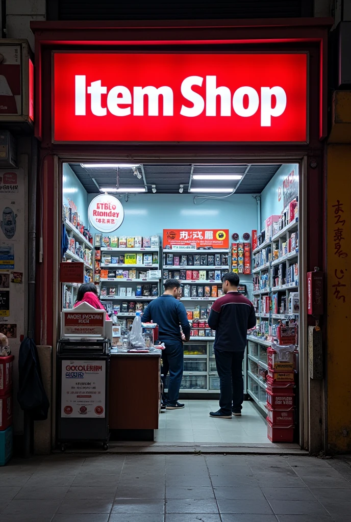A mobile recharge and accessories shop has mobile repair people and the name of the shop is ITEM SHOP is written on its board in white and red colour.