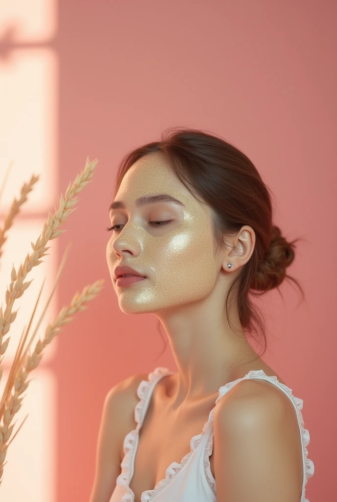 Creative and aesthetic Shoot  with pink or white background of female model with props applied rice mud in light brown yellow colour face mask  . Use props in pictures