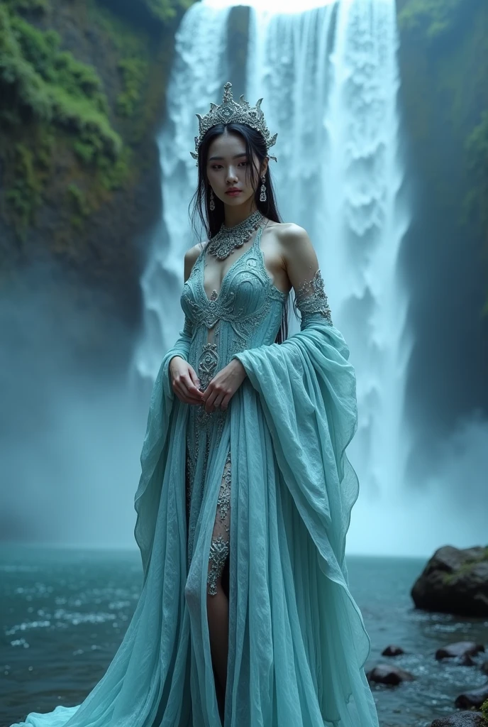 a woman standing in front of a waterfall, kpop star, flowing robes, instagram model, panoramic view of girl, mayan style, she has pale blue skin!!!, her hand is on her waist, her face flushing and sweat, wearing gorgeous clothing, smartphone photo, event, uncropped