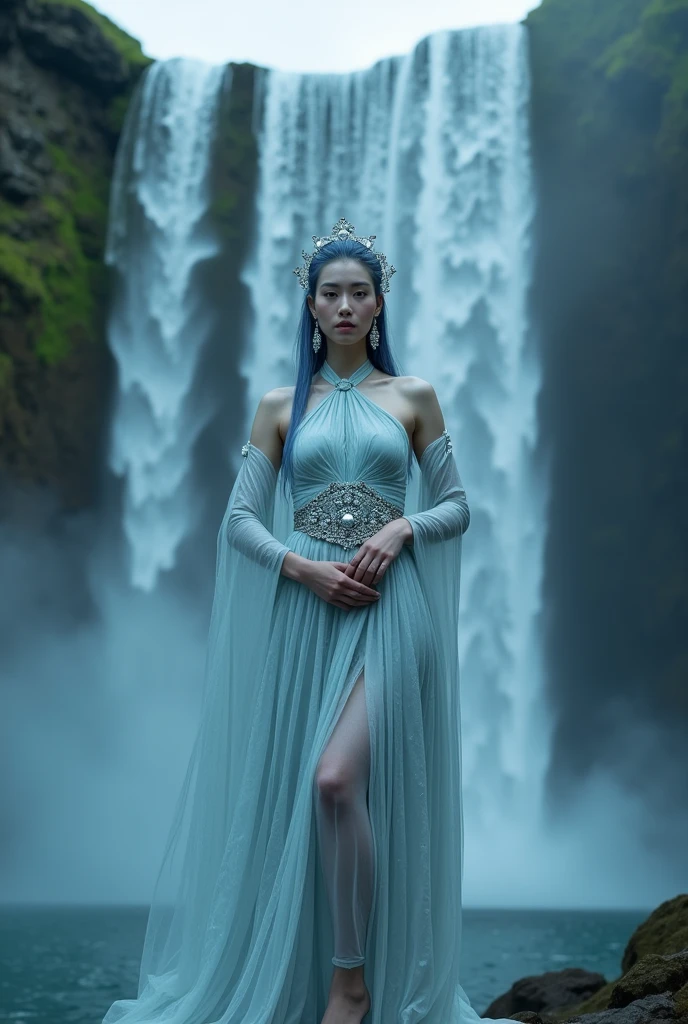 a woman standing in front of a waterfall, kpop star, flowing robes, instagram model, panoramic view of girl, mayan style, she has pale blue skin!!!, her hand is on her waist, her face flushing and sweat, wearing gorgeous clothing, smartphone photo, event, uncropped