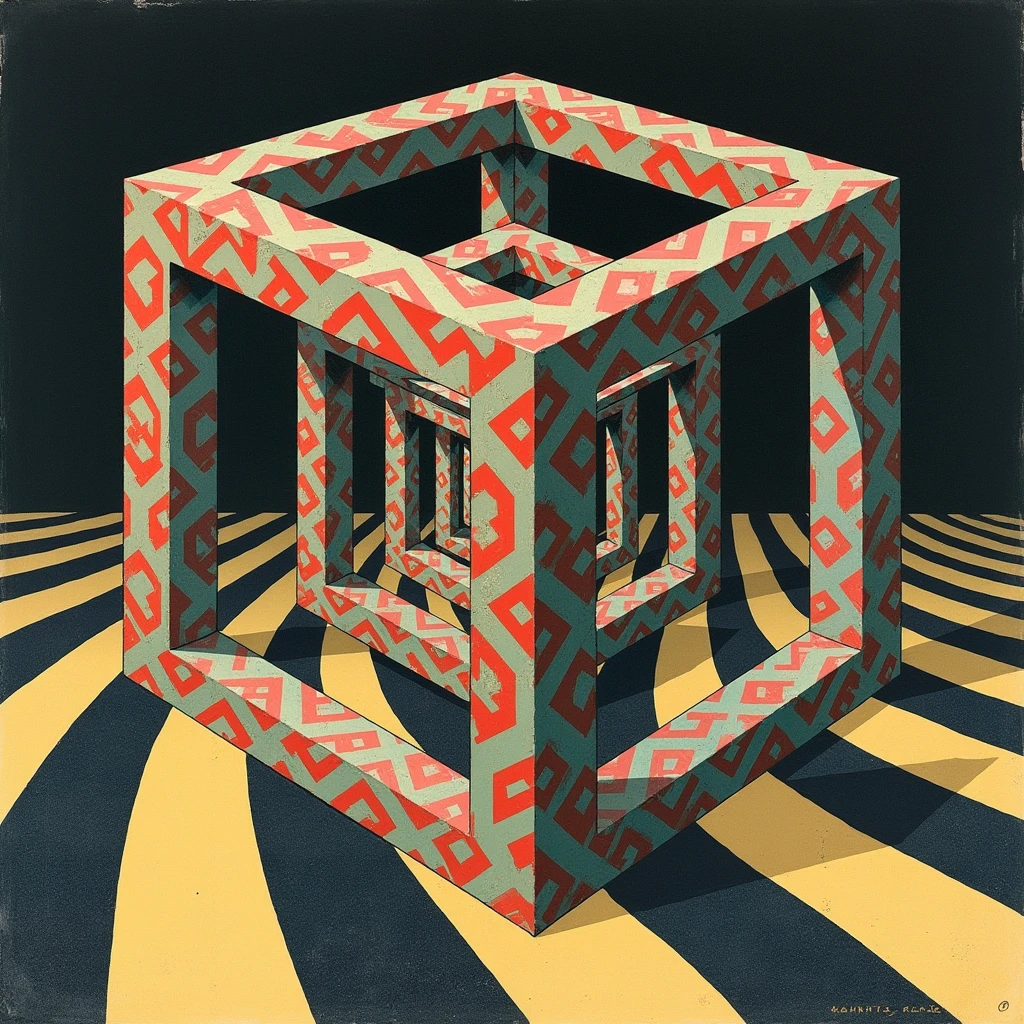 Surreal Scene, Trick Art, Optical illusion, Necker Cube, Optical Illusion Cube, illustration, By Maurits Escher,