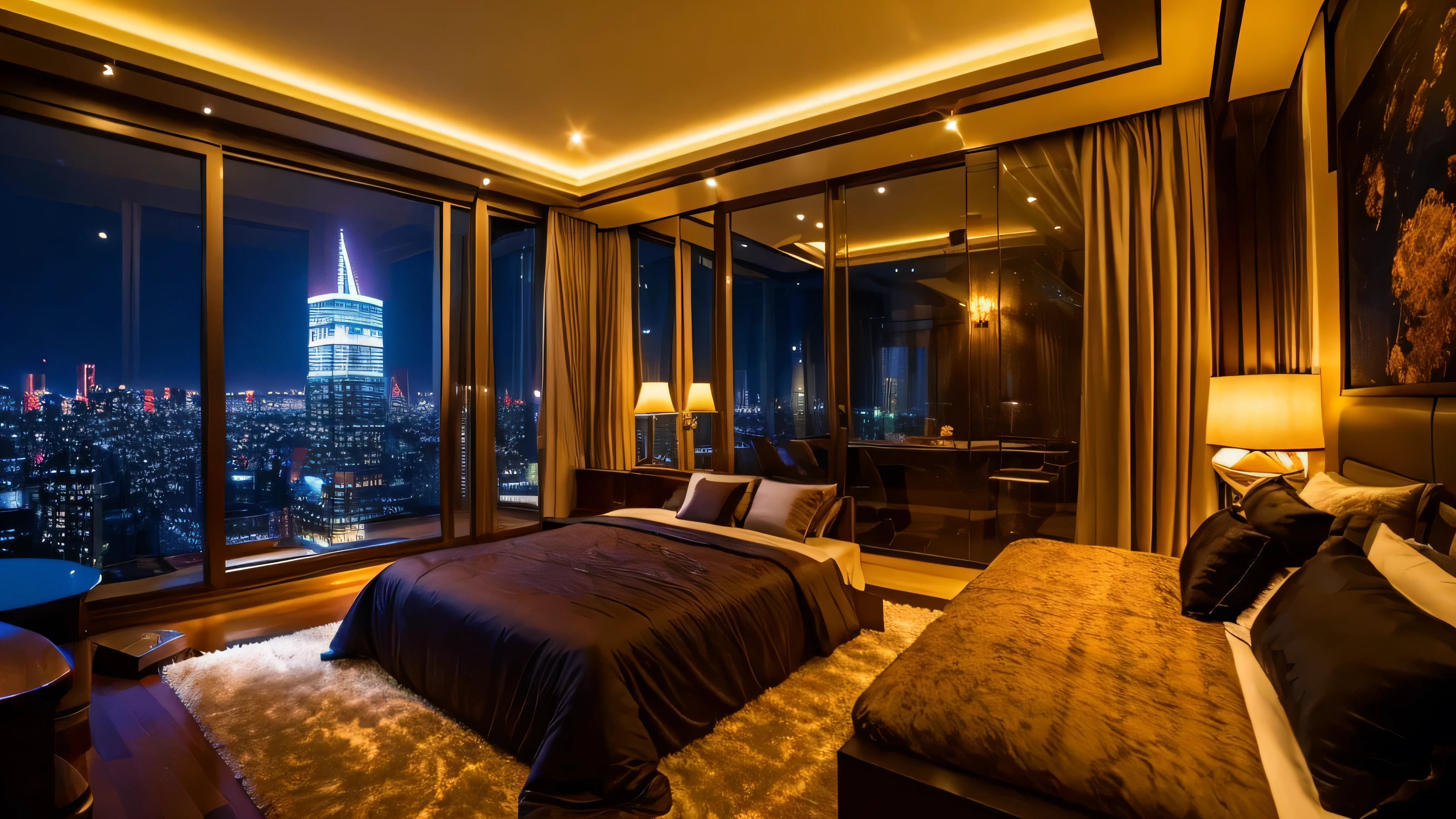 an night inside a big luxury home bedroom that with a very big wall glass windows, inside this luxury big bedroom there are all modern decoration, including big queen size bed, in front of the queen size bed there is a big LCD TV, high end audio system with speakers, chill atmosphere, warm atomsphere, relax night vibes, warm lighting and some candle light, outside is a big city night view
