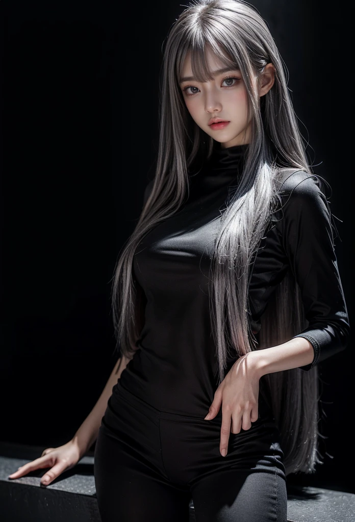 standing,Military Uniforms,pants,black military uniform,whole body,Height: 168cm,almond shape eyes,{{{{{silver eyes}}}}},{{{{{dull bangs}}}}},(slanted eyes},{{whole body},{{{1 girl}}}, long hair, straight hair,{{{{silver hair}}}},{{{tsurime}}},30 years old,{Medium chest},{{bush}},silver eyes,{{{masterpiece}}}, {{{highest quality}}}, {{Super detailed}}, {shape}, {{very delicate and beautiful}},very detailed,detailed perfect,detailed hyper,Abundant thighs,big ass,black clothes