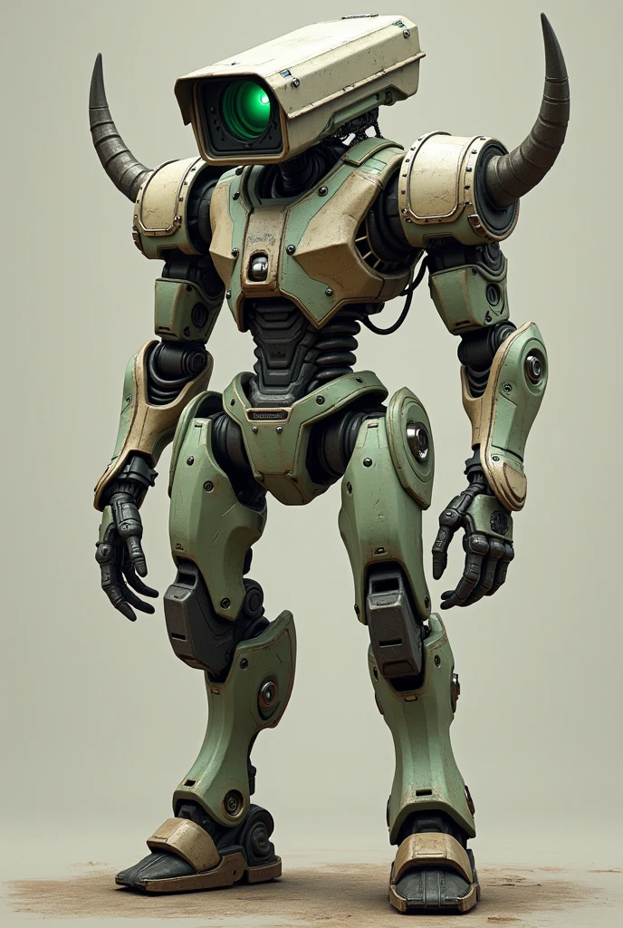 Character inspired by a camera with green and white eyes on a surveillance camera head a metal neck a grayish metallic body mix of green beige metal arms tinted green with black for its arms no mouth two metal horns on its shoulder is a dangerous fighter side