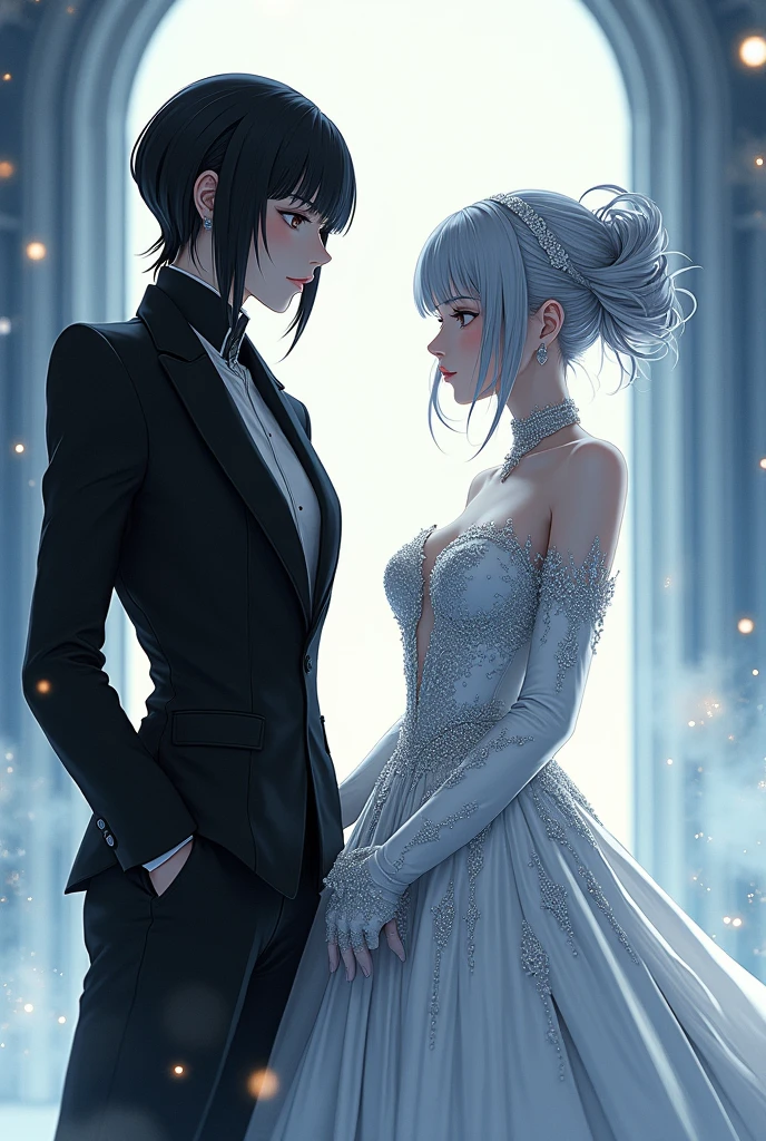 Sanakan and Cibo from Blame! Manga in a wedding dress), (sci-fi theme) suit black hair, dress striking silver hair, Futuristic atmosphere Emphasizes radiance pure atmosphere Intricate details of the outfit A soft but bright light shines from above. Intimate and romantic atmosphere Highly detailed, exceptionally detailed, cinematic quality, emotionally charged scenes.