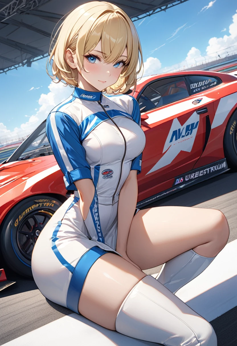 Highest quality, Great quality, 16K, Unbelievably absurd, Very detailed, 2.5D, delicate and dynamic,blue sky, Small face, Very delicate look, Delicate eye depiction, Very Fine Hair, Sexy Woman, Muscular, Height: 175cm, Blonde,Short Hair,Sexy long legs,Race Queen , 派手なRace Queenのコスチューム,Tight Skirt, White Leather Long Boots, Auto Racing Track,Cinema Lighting, (Perfect glowing skin:0.6),Always high quality CG Unity 8K wallpapers