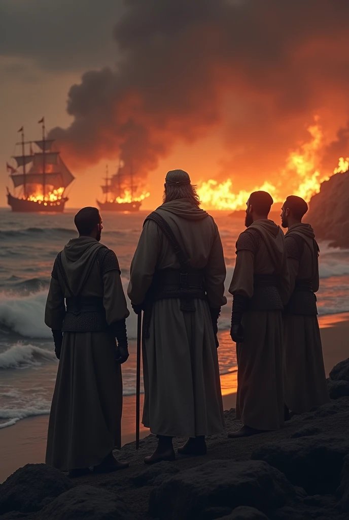 "A dramatic scene of Tariq ibn Ziyad and his commanders on the shore, silhouetted against the blazing ships, as they plan their next move."