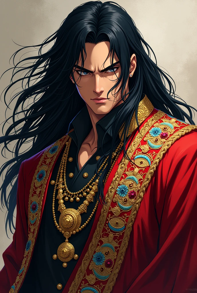 So I want a image of Baji keisuke with long silky Black hair from Tokyo revengers in Indian king clothes
