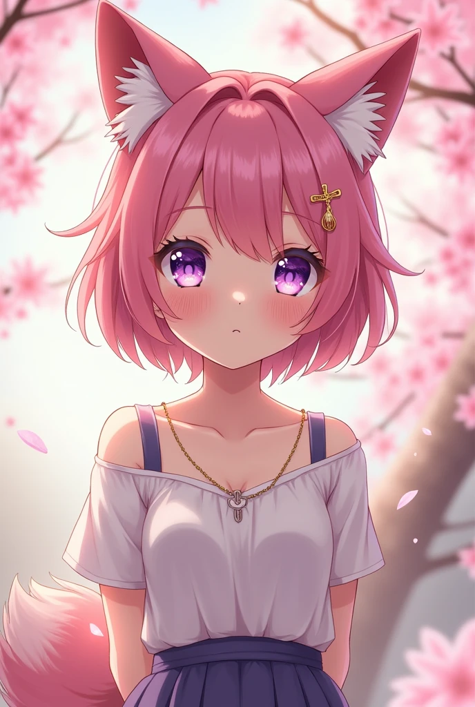 1 Girl, Practical, (Looking at the audience:1), (ulzzang-6500:0.66), thigh, only legs, Dappled sunlight, best quality, Ultra-high resolution, (photoPractical:1.4), Yae Yoshiko, Fox ears, short hair, pink hair,  Yes_Cherry blossoms, Jewelry, Cherry blossoms, (Smile:1), only_Shoulder, hair_Decorations, purple_Eye,  , Detached_sleeve, , detailed Eye,, (light Smile:1), , (Small Breasts:1.4), , (only upper body:1.4), , (Swollen nipples:1),, Put your hands behind your back,