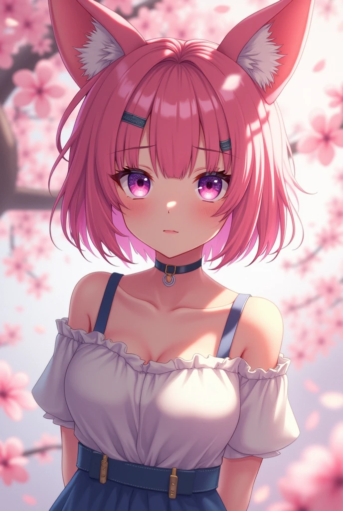 1 Girl, Practical, (Looking at the audience:1), (ulzzang-6500:0.66), thigh, only legs, Dappled sunlight, best quality, Ultra-high resolution, (photoPractical:1.4), Yae Yoshiko, Fox ears, short hair, pink hair,  Yes_Cherry blossoms, Jewelry, Cherry blossoms, (Smile:1), only_Shoulder, hair_Decorations, purple_Eye,  , Detached_sleeve, , detailed Eye,, (light Smile:1), , (Small Breasts:1.4), , (only upper body:1.4), , (Swollen nipples:1),, Put your hands behind your back,
