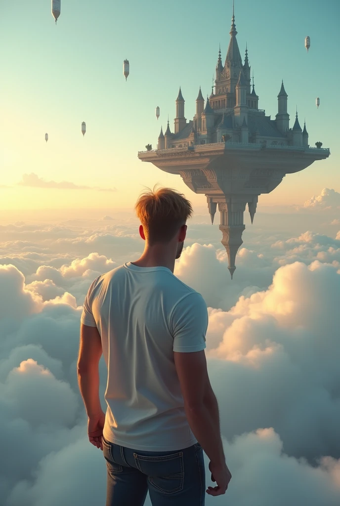 A cinematic medium shot of a athletic 46yr old man with strawberry-blonde hair wearing a t-shirt and jeans. Strong cinematic posture, back to the camera. He is standing knee-deep in clouds, between fluffy sunset clouds and looking at a magnificent fantasy city with intricate details. The city is floating in the air above the clouds, with small cylindrical objects flying around it. The background is a clear blue sky. The city has a heptagonal shape, with corner towers connected to the central part by galleries and passages. The city's design is gothick, strict yet graceful, combining futuristic and traditional architectural elements. It soars high in the sky in the air far away. The city has a fantasy look with a futuristic twist, and the flying towers serve as defense structures.
Hight contrast and ultra-detailed, ultrarealistic, 8k, HDR