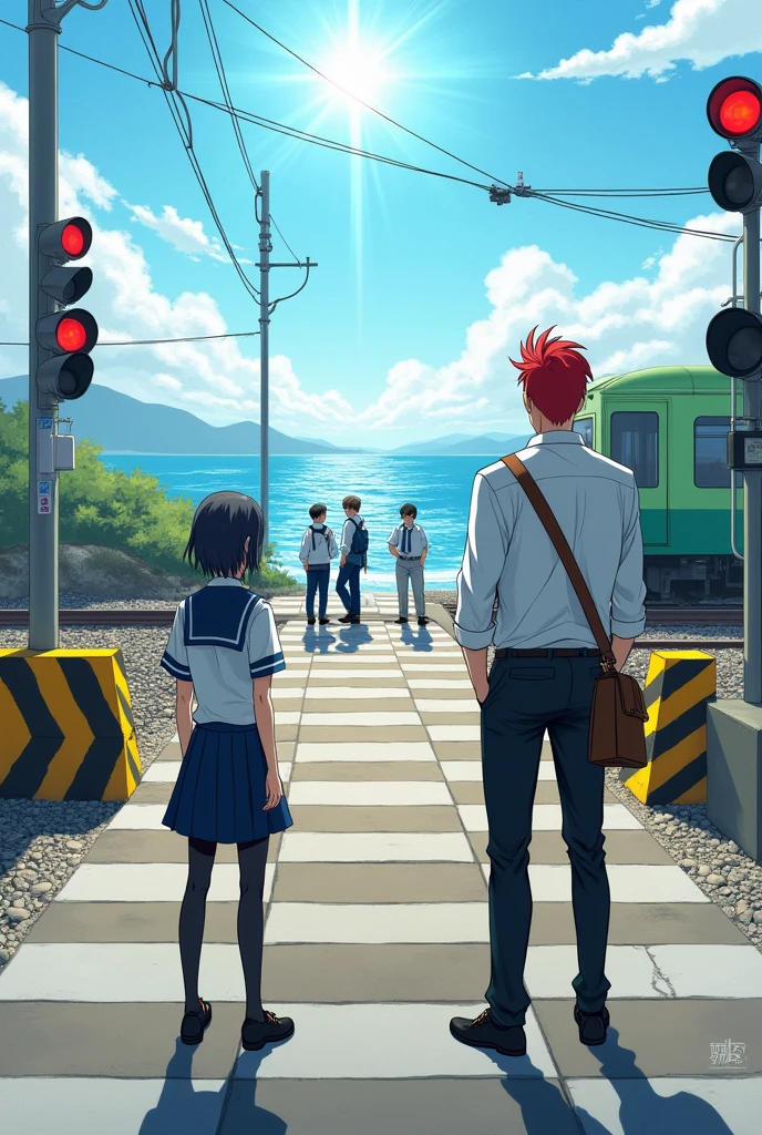Create a scene of a Japanese railroad crossing near the seaside. A tall male character with red pompadour hair、Standing with his back to the viewer, Wearing a white shirt and black pants. He has a bag on his shoulder、Standing together and talking、Looking towards a female student looking at three men dressed in typical Japanese high school uniforms. The crossing has yellow and black striped barricades and red traffic lights.. You can see part of a green train on the right., and、Under the bright sky、The sea sparkles in the background..The woman is on the other side of the tracks.。Real