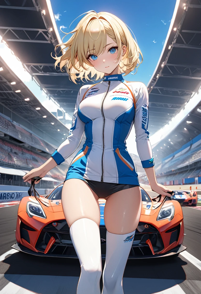 Highest quality, Great quality, 16K, Unbelievably absurd, Very detailed, 2.5D, delicate and dynamic,blue sky, Small face, Very delicate look, Delicate eye depiction, Very Fine Hair, Sexy Woman, Muscular, Height: 175cm, Blonde,Short Hair,Sexy long legs,Race Queen , 派手なRace Queenのコスチューム,Tight Skirt, White Leather Long Boots, Auto Racing Track,Cinema Lighting, (Perfect glowing skin:0.6),Always high quality CG Unity 8K wallpapers