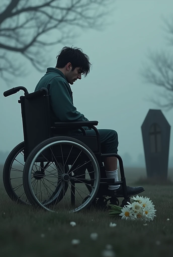 Julian Lexloy, sitting in his wheelchair, stands alone in front of Ruby's coffin in a cemetery under a gray sky. Her black hair is messy, and her blue eyes are red with tears. He wears a sombre costume, et son pied, still bandaged, repose sur le repose-pied du fauteuil. His face is marked by deep pain and intense sadness.. In tears, he places a bouquet of white flowers on the coffin, the attached note saying "To the girl I love".