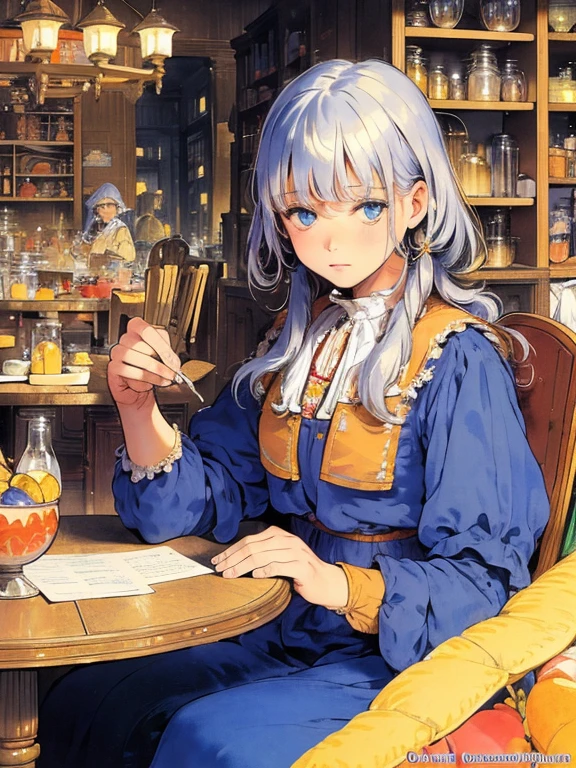 masterpiece, Highest quality, Very detailed, 16K, Ultra-high resolution, Cowboy Shot, (Carl Larsson:1.5), Detailed face, Perfect Fingers, One Girl, blue eyes, Silver Hair, Wavy Hair, Black maid outfit, Luxurious Western-style building, Bookshelf, Table seating, Chair