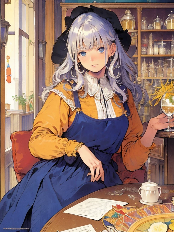 masterpiece, Highest quality, Very detailed, 16K, Ultra-high resolution, Cowboy Shot, (Carl Larsson:1.5), Detailed face, Perfect Fingers, One Girl, blue eyes, Silver Hair, Wavy Hair, Black maid outfit, Luxurious Western-style building, Bookshelf, Table seating, Chair